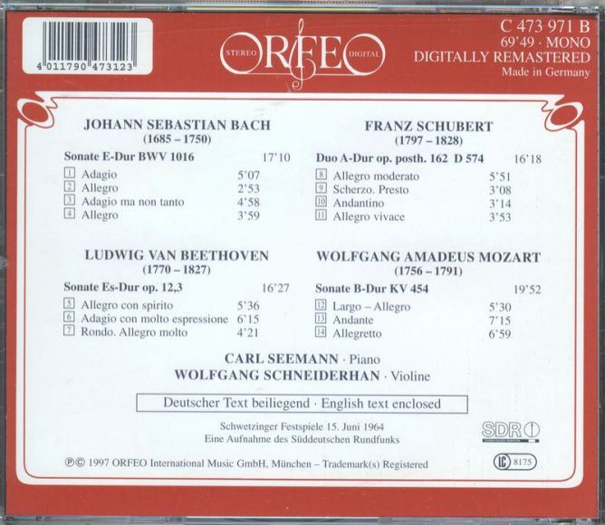 ORFEO唱片 沃尔夫冈施奈德翰 卡尔西曼《小提琴与钢琴奏鸣曲》(704.79M)